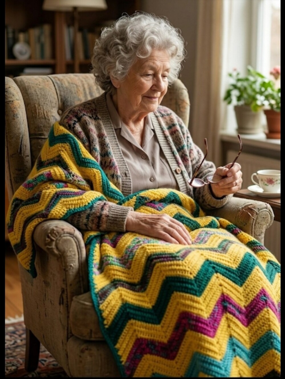 Hand crocheted afghan blanket throw zigzag yellow